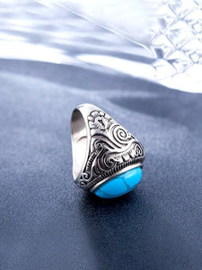 Men Silver-Plated Blue Stone Studded Oxidized Ring