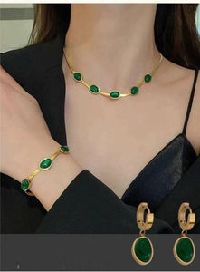 Oval Green Crystal Pendant Necklace Set With Bracelet