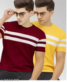 Men Striped Round Neck Polyester Yellow T-Shirt